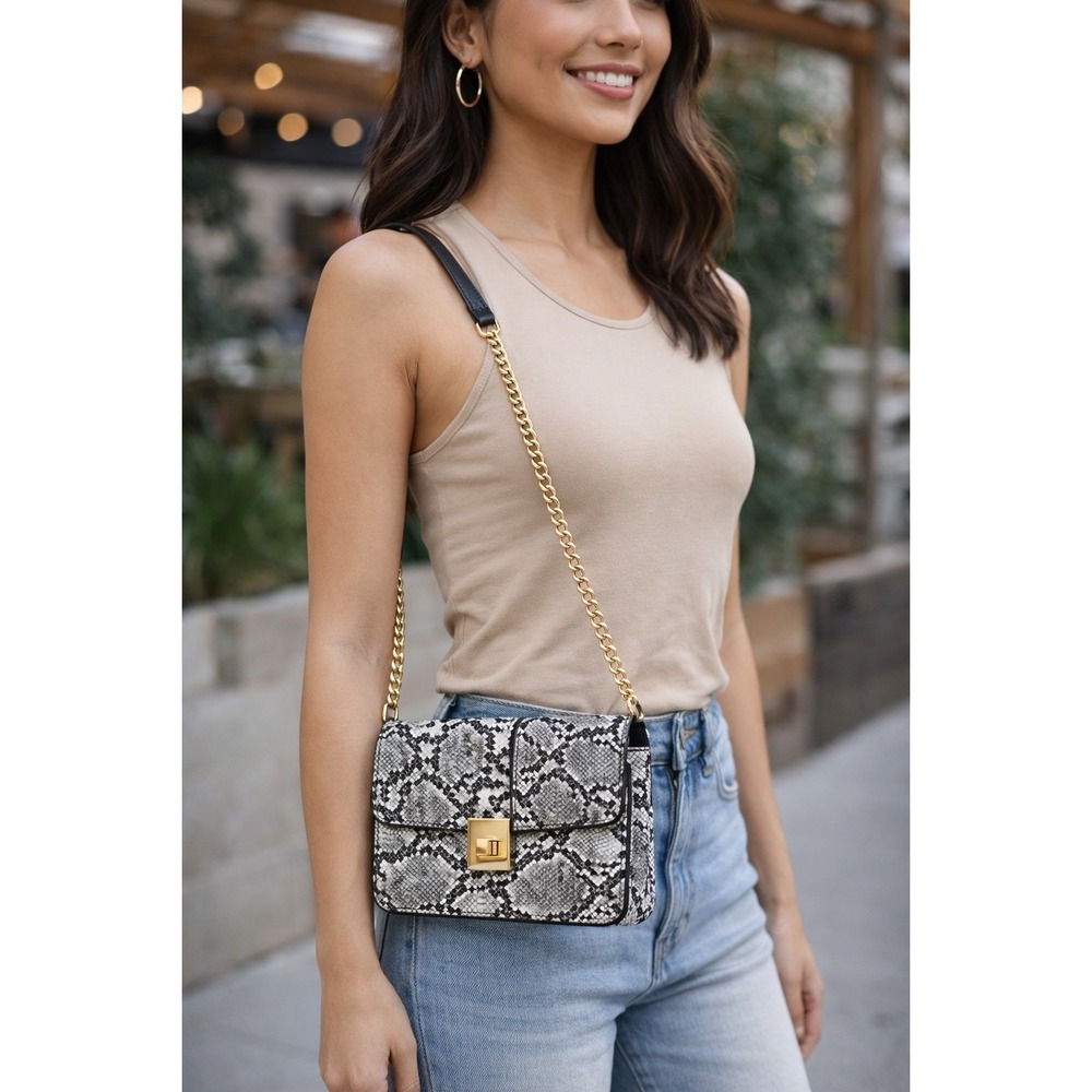 Madison West Black Snake Print Crossbody Bag Gold‎ Turn Lock Chain Strap NWT